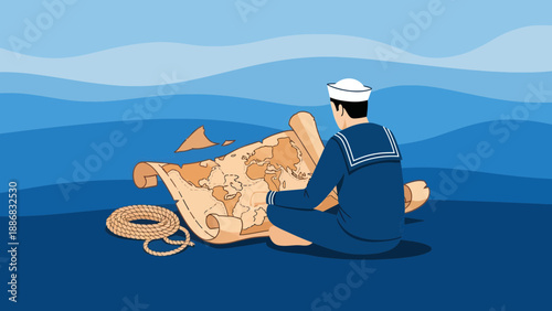 Sailor Navigating Ocean With Detailed Ancient Map Finding Route To New Destination