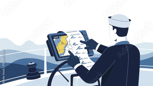 Sailor Navigating Ocean Route On Boat With Digital Chart Display Illustration