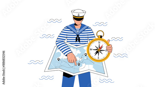 Sailor Navigating The Seas With A Compass And A Detailed Treasure Map