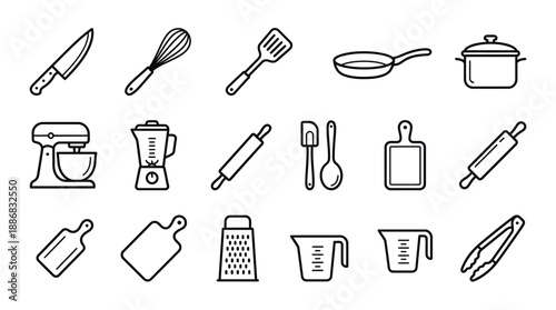 Kitchen utensils and gadgets for cooking and food preparation on a white background