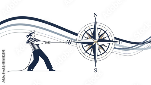 Sailor Pulling Compass Pointing West Represents Finding Direction Concept