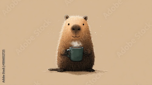 Wallpaper Mural Cute cartoon character of a beaver holding a coffee cup in paws Torontodigital.ca