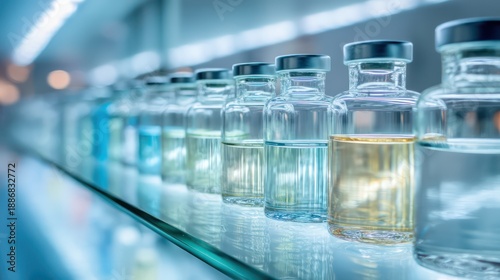 Organized shelf of pharmaceutical glass bottles with minimal labeling soft cool lighting and frosted textures Clean reflections and
