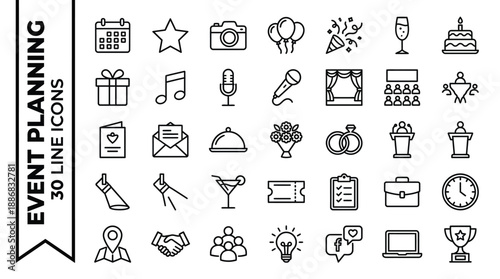 Event planning icons set for business organization and management