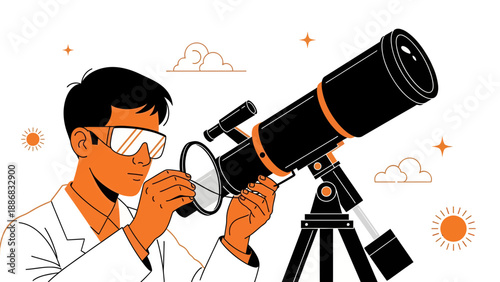 Scientist Observes Sky With Telescope Scientific Discovery And Observation Concept