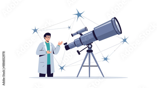 Scientist With Telescope Observing Stars For Scientific Discovery Research