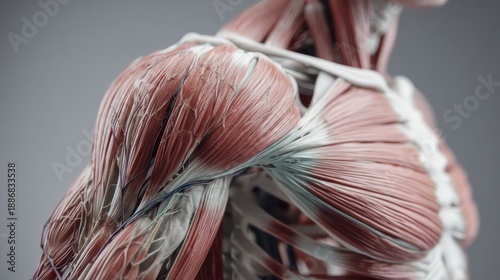 Realistic muscle anatomy model showing layers of muscle fibers in the arm and shoulder isolated on a neutral