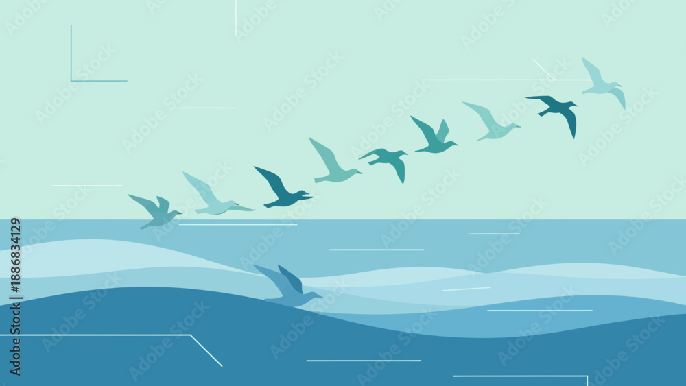 Obraz premium Seagulls Flying Over Ocean Waves Minimalist Calm Aesthetic Coastal Scene