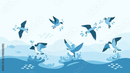 Seagulls Enjoying The Coastal Waters Animated Scene With Waves And Small Fishes