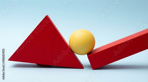 Fotografie A yellow sphere is precariously balanced between two red geometric shapes on a l
