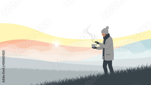 Serene Winter Morning Enjoying Hot Coffee At Sunrise In Nature Landscape