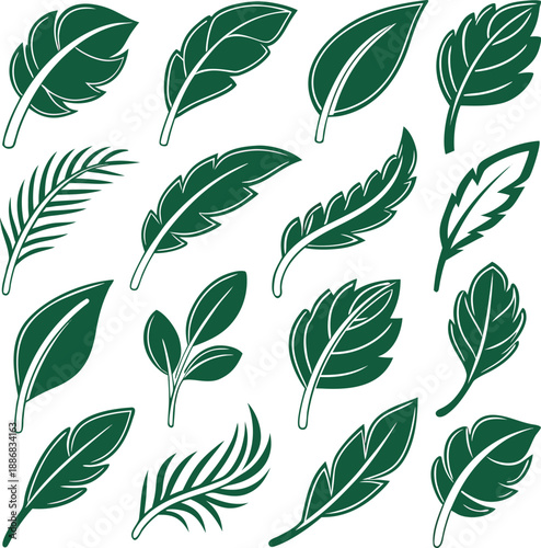 A collection of twenty stylized green leaf icons arranged in a grid pattern against a clean white background. Each icon depicts a variation of a simple leaf design, featuring smooth, rounded shapes wi