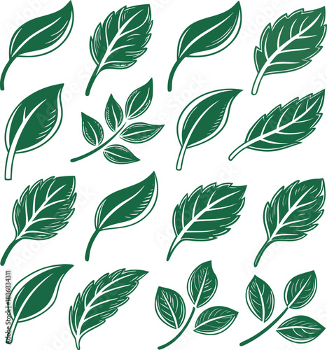 A collection of twenty stylized green leaf icons arranged in a grid pattern against a clean white background. Each icon depicts a variation of a simple leaf design, featuring smooth, rounded shapes wi