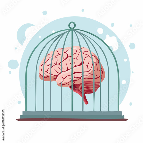 Conceptual illustration of a brain inside a cage against a light blue background