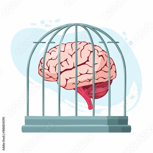 Conceptual illustration brain inside a cage symbolizing restriction or limitation