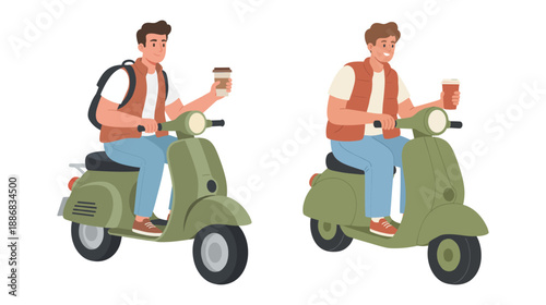Set of illustrations of a man riding a scooter with a coffee cup