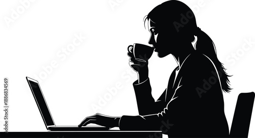 Silhouette of person using laptop and holding cup at desk, remote work and digital lifestyle theme illustration, transparent background graphic