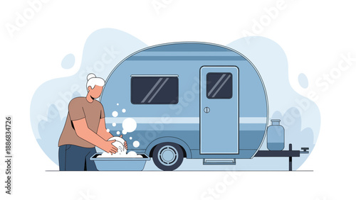Simple Living Woman Washing Clothes At Campsite Near Campervan Recreation