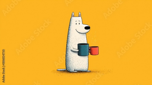 Wallpaper Mural Cute White Dog Holding Two Colorful Coffee Cups on Yellow Background Torontodigital.ca