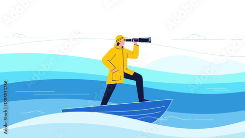 Seeking New Horizons A Sailor On A Boat With A Spyglass Navigating