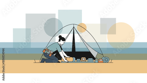 Skilled Woman Setting Up Camp For Adventure And Outdoor Exploration Trip