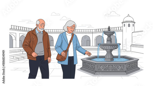 Senior Couple Enjoying Fountain At Historic Site During Travel And Retirement