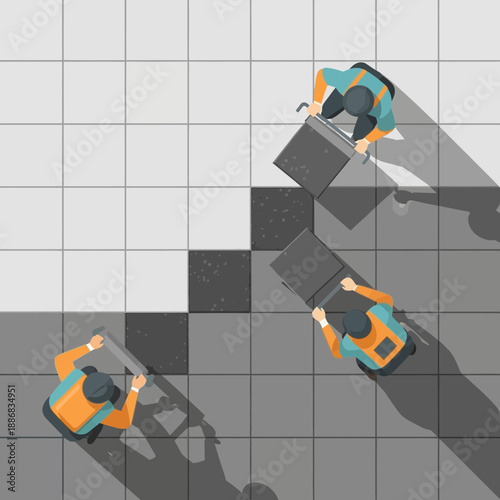 Skilled Workers Meticulously Installing Elegant Floor Tiles Seen From Overhead View