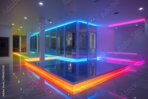 Sculpted modern space with multicolored LED strips reflective epoxy flooring glowing ambient occlusion at edge seams