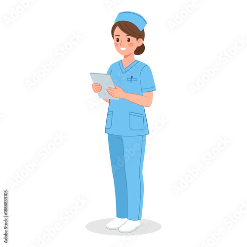 Nurse in blue scrubs holding tablet