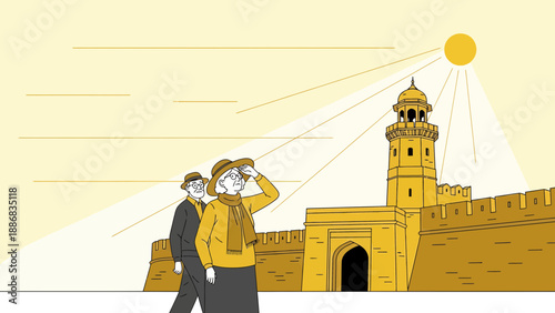 Senior Couple Exploring Historic Fortress Under Sunny Sky on a Foreign Holiday