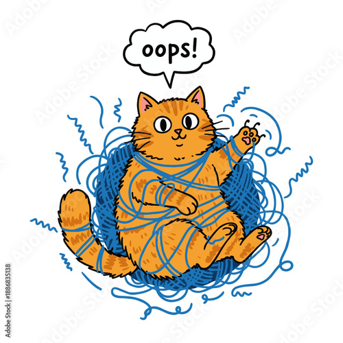 Orange cat tangled in blue yarn with oops speech bubble