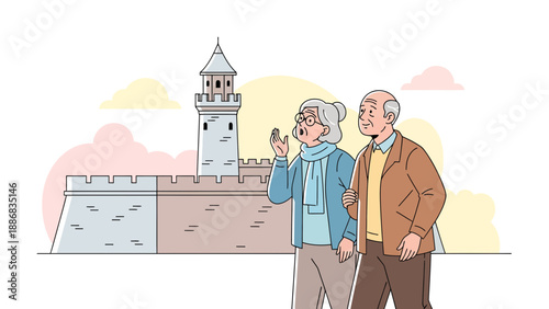 Senior Couple Exploring Historical Landmark Enjoying Retirement Tour Together