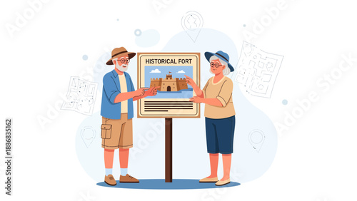Senior Couple Exploring Historical Fort Details On Information Display Board