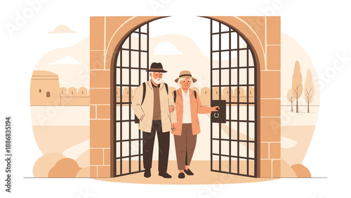 Senior Couple Exploring Historical Site Through Grand Gate on Vacation