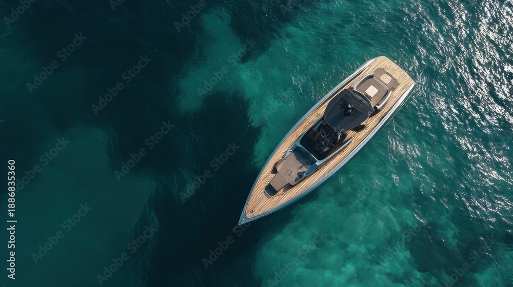 Fototapeta premium Luxurious yacht sailing in turquoise sea waters from aerial view.
