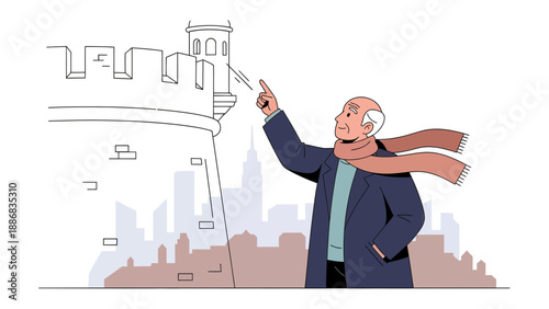 Senior Man Inspiring Monumental Landmark Design For Urban Planning And City Vision
