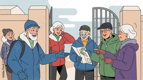 Senior Travelers Consult Map Before Entering Historic Site on Travel Adventure