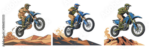 Set of illustrations of a motocross rider jumping on a dirt bike