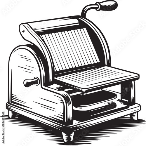 Photos A vintage bread slicer with a handle and a tray in a black and white illustratio