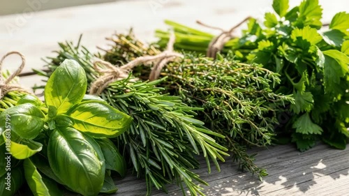 Assortment of fresh culinary herbs on wooden surface