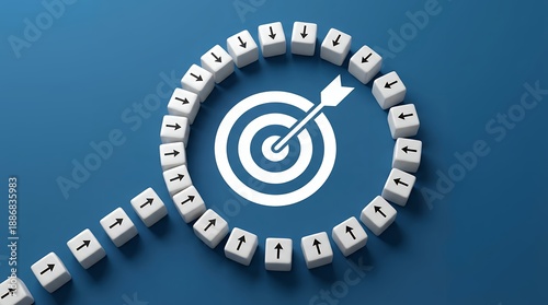 A circular arrangement of white cubes with black arrows pointing towards a central white target with an arrow symbolizing focus and direction goal aim success achievement strategy