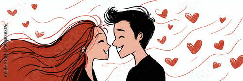 Smiling cartoon boy and girl with red hearts floating above them, depicting true love. Happy cartoon couple showing love and affection