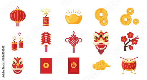 Chinese New Year Icons: Lantern, Firecrackers, Coins, Dragon, Red Envelopes, Drum