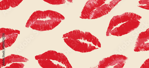 Red lipstick kiss marks covering a cream textured paper surface, creating a playful pattern. Red lipstick kiss marks seamless pattern on textured paper