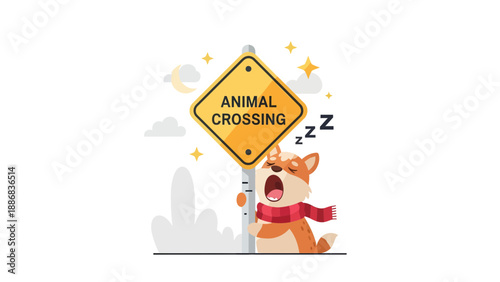 Sleepy Fennec Fox Yawning By An Animal Crossing Sign Illustration Design