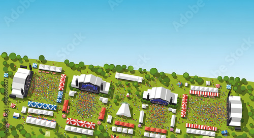 Aerial view of outdoor music festival grounds featuring stages,