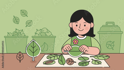 Smiling Girl Sorting Leaves For Recycling And Composting Initiative Education