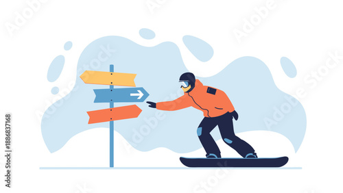 Snowboarder At Crossroads Deciding Which Direction To Take On A Snowy Mountain