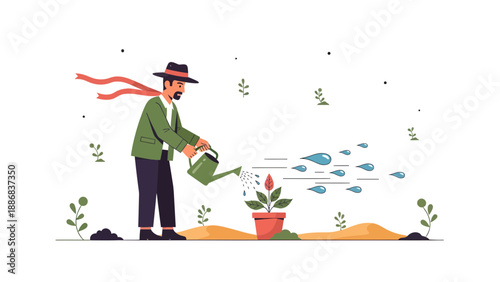 Stylish Gardener Watering a Plant in Pot Symbolic Growth and Nurturing Life