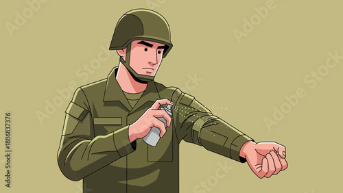 Soldier Sprays Insect Repellent for Protection Against Mosquitoes and Bugs